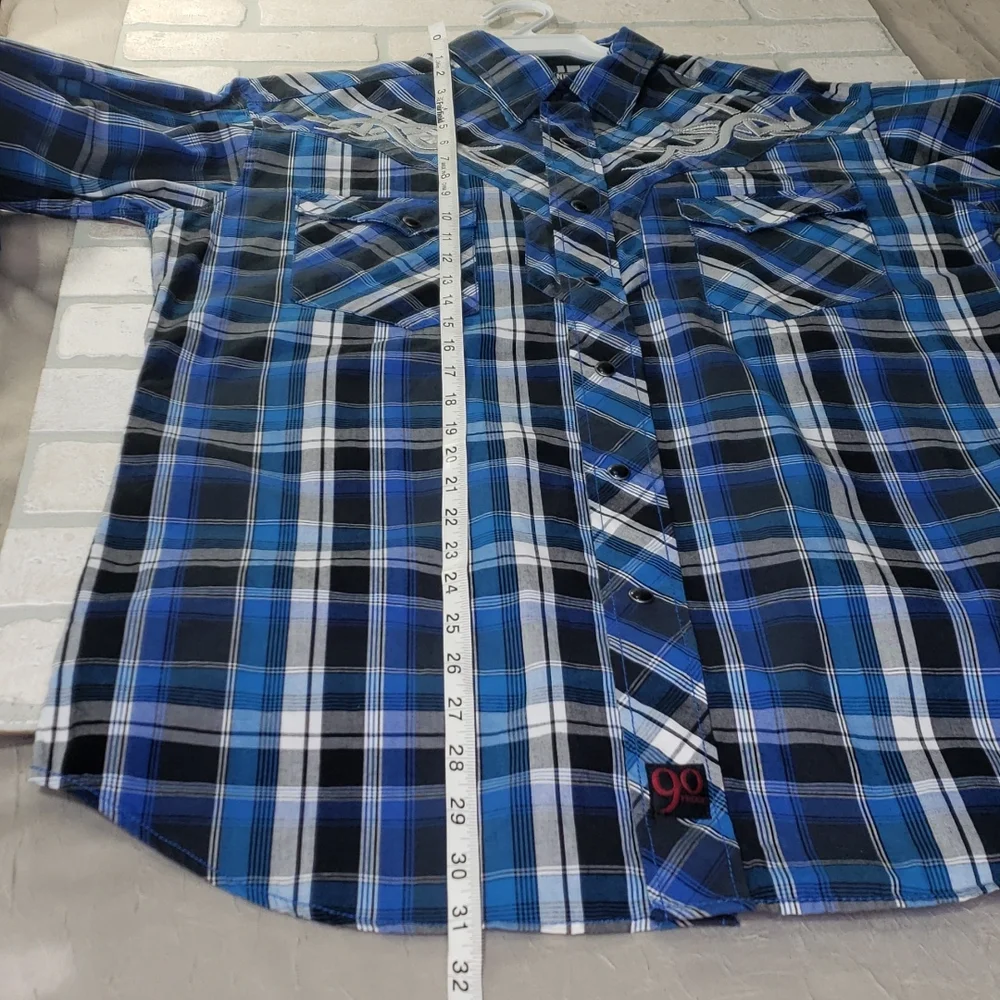 Panhandle slim fit Western pearl snap shirt size medium blue black plaid